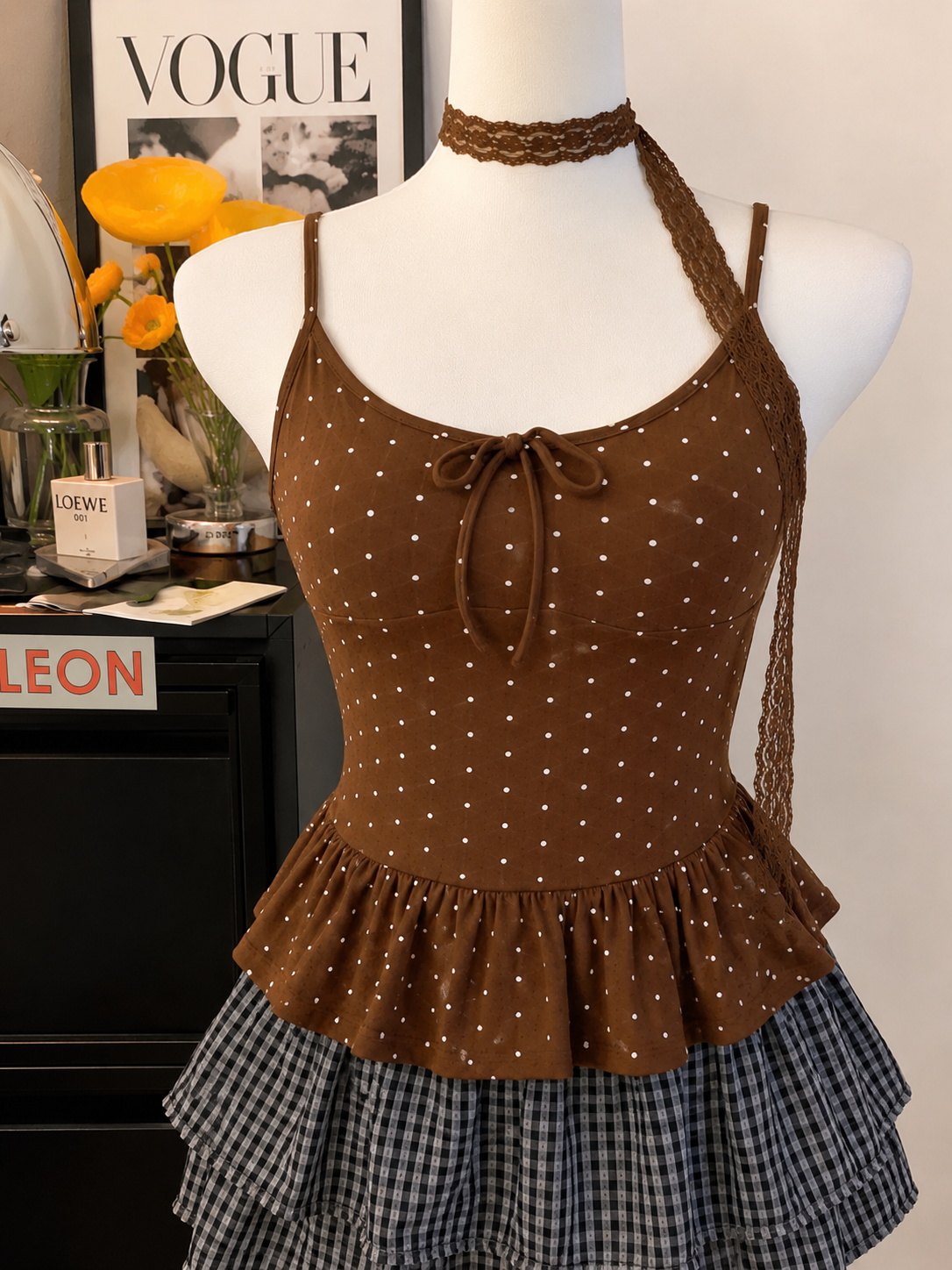 Polka Dot Lace-Trim Peplum Cami Padded Set with Choker
