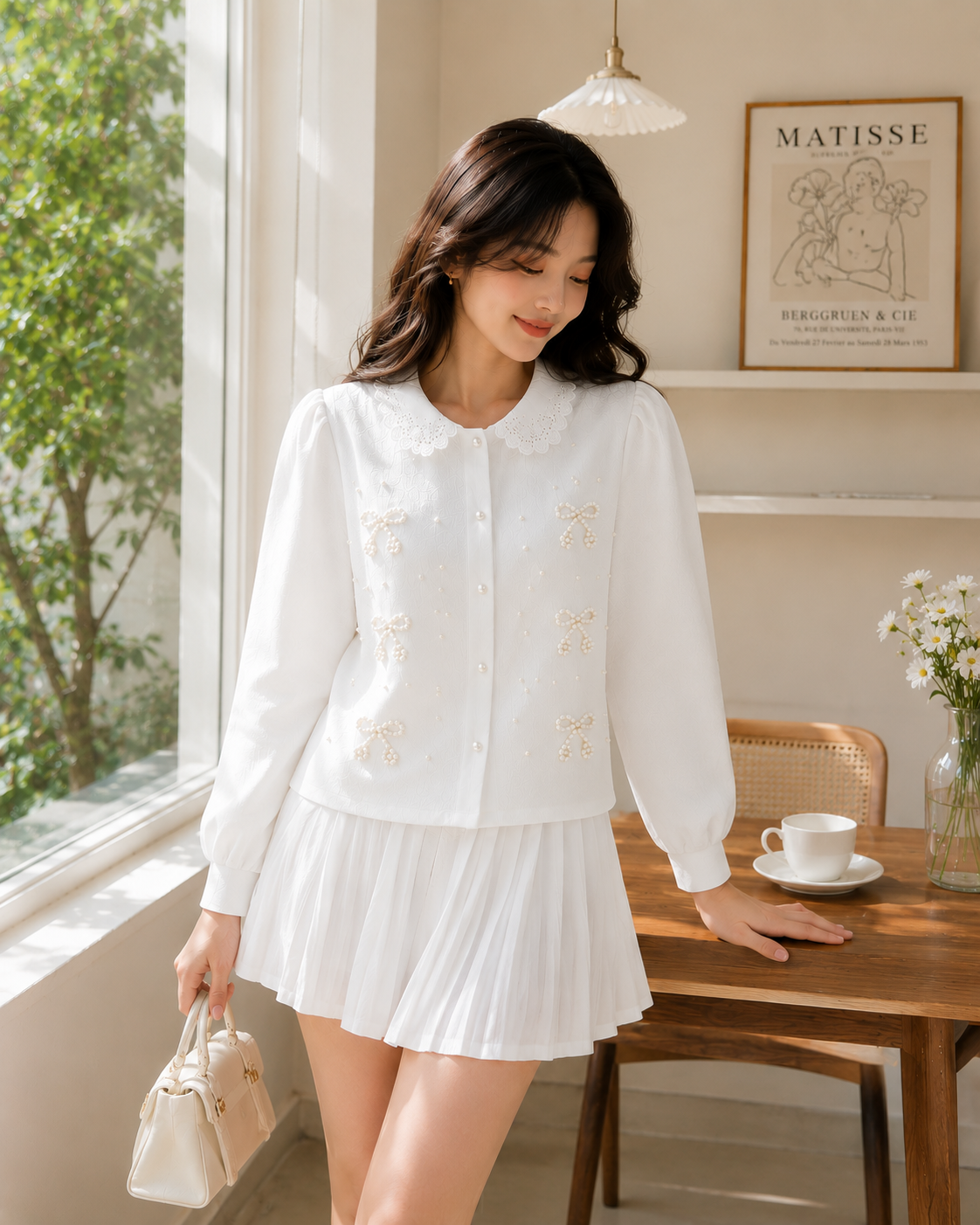 Pearl Bow Lace-Collar Shirt