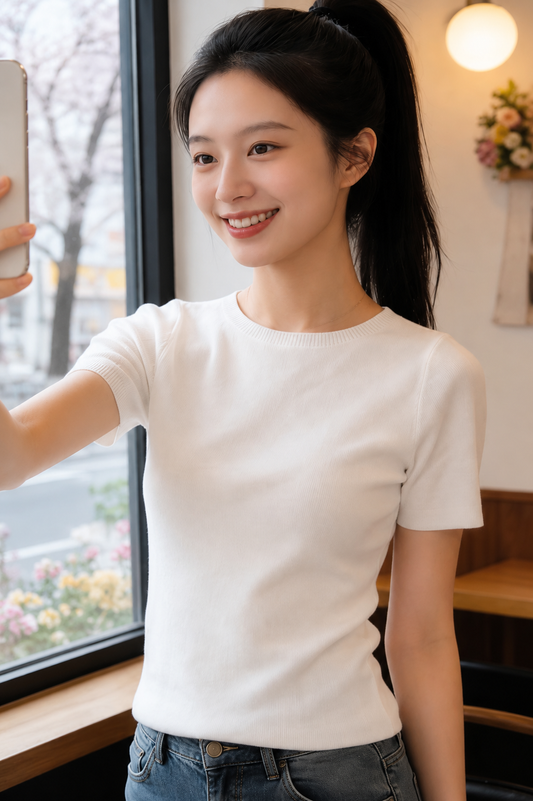 Short-Sleeve Rib-Knit Crewneck Sweater Tee