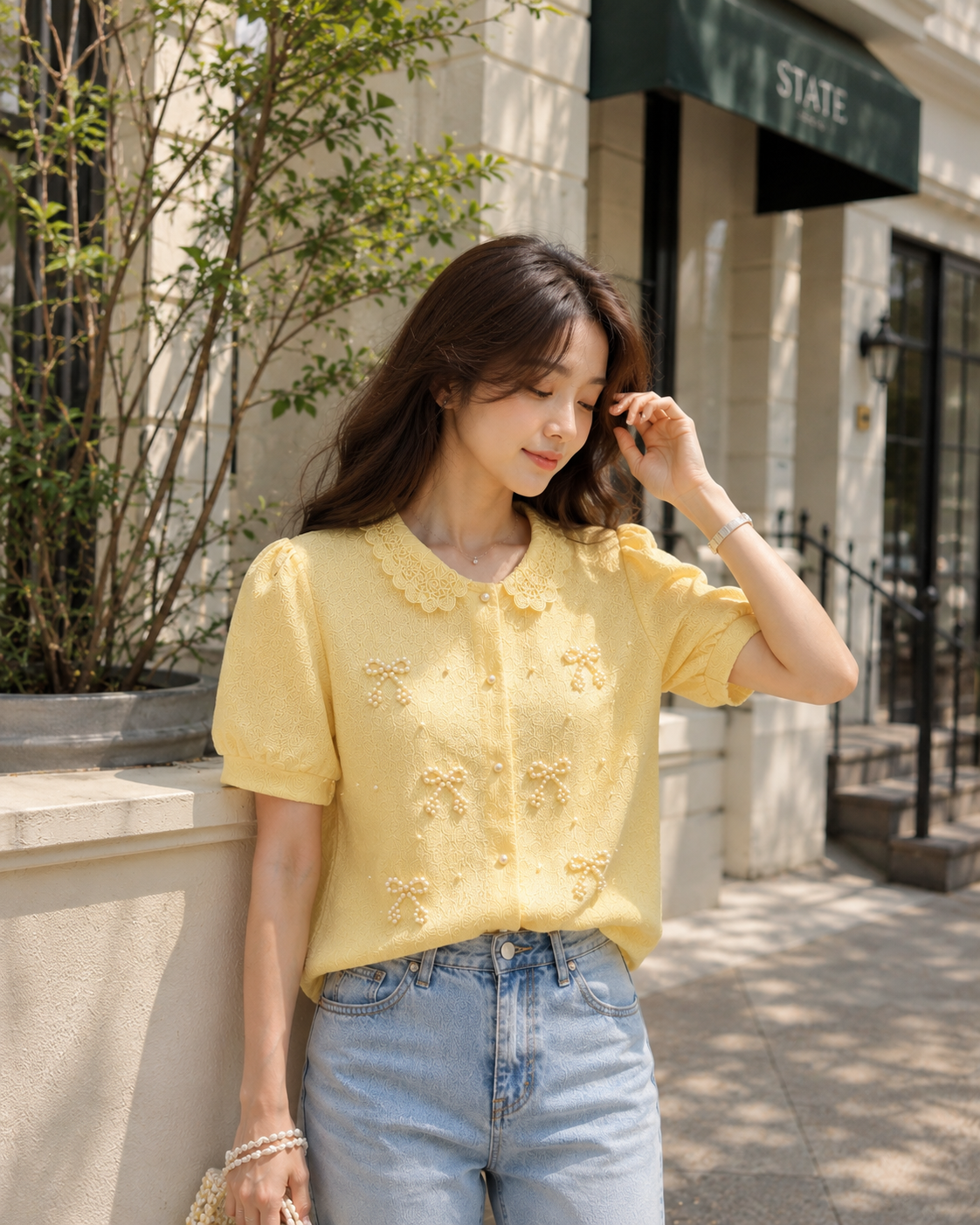 Pearl Bow Peter Pan Collar Puff Sleeve Shirt