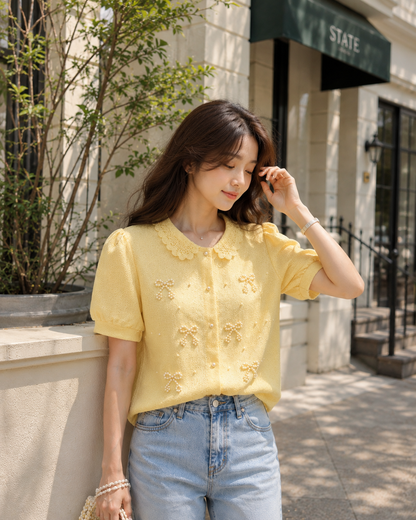 Pearl Bow Peter Pan Collar Puff Sleeve Shirt