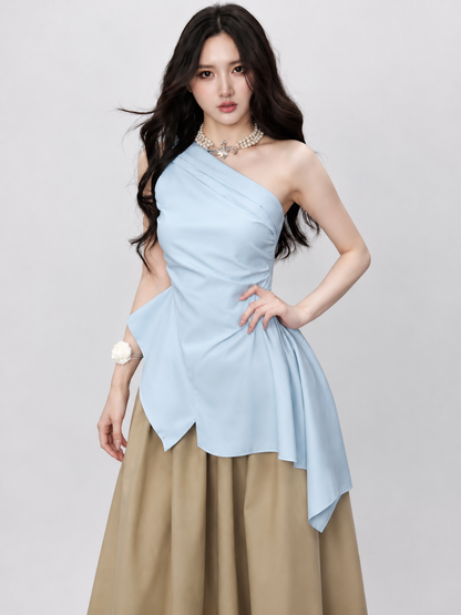 Asymmetric One-Shoulder Ruched Peplum Top