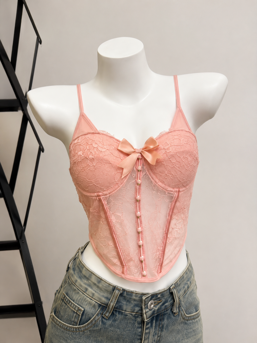 Faux-Button Lace Corset Camisole Padded Top