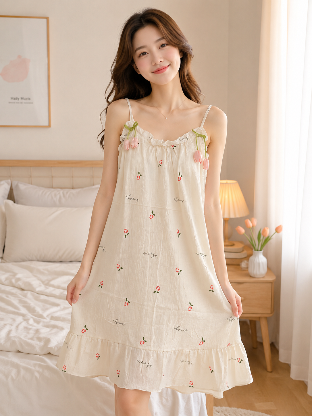 3D Tulip Ribbon Slip Padded Nightdress