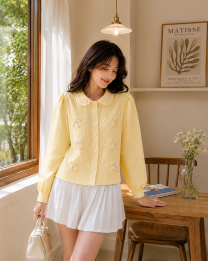 Pearl Bow Lace-Collar Shirt