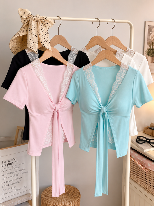 Lace-Trim Tie-Front Short Sleeve Top