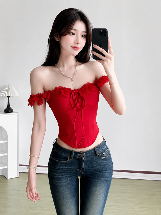 Lace-Trim Ruffled Corset Top