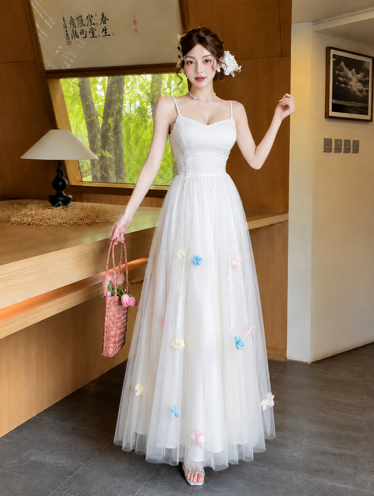 3D Floral Applique Mesh Halter Maxi Dress