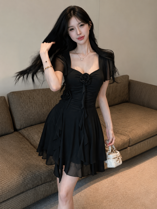3D Rosette Flutter-Sleeve Powernet Mini Dress