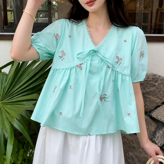 Floral Embroidered Tie-Front Babydoll Top