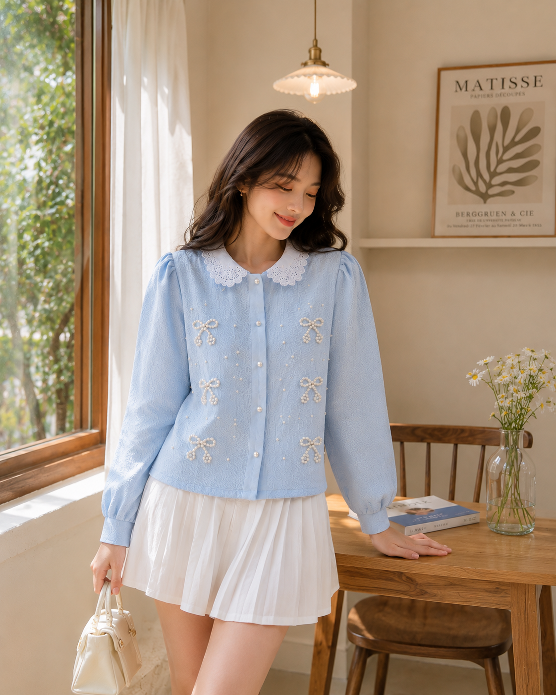 Pearl Bow Lace-Collar Shirt
