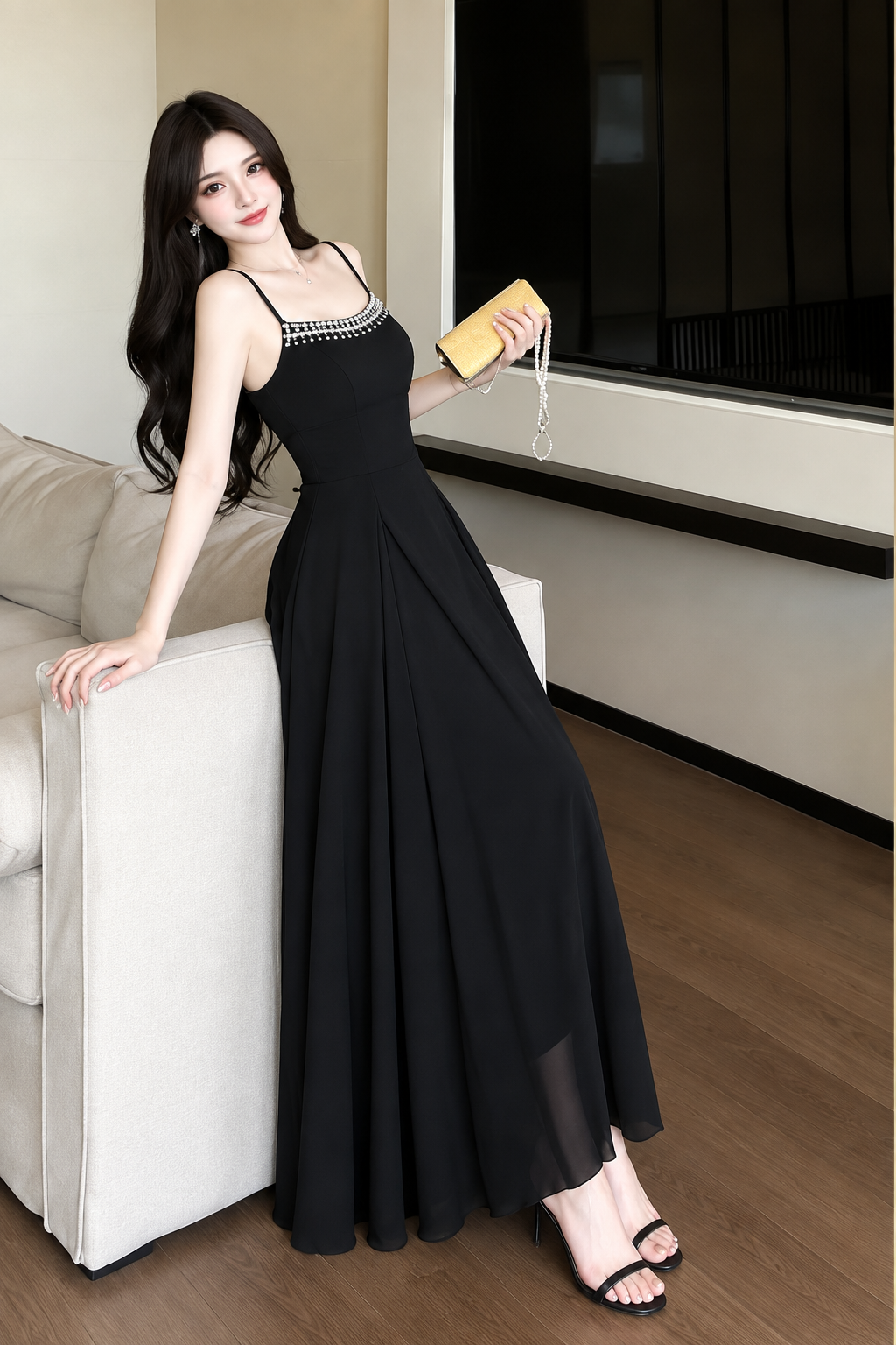 Crystal Beaded Sweetheart Chiffon Maxi Dress