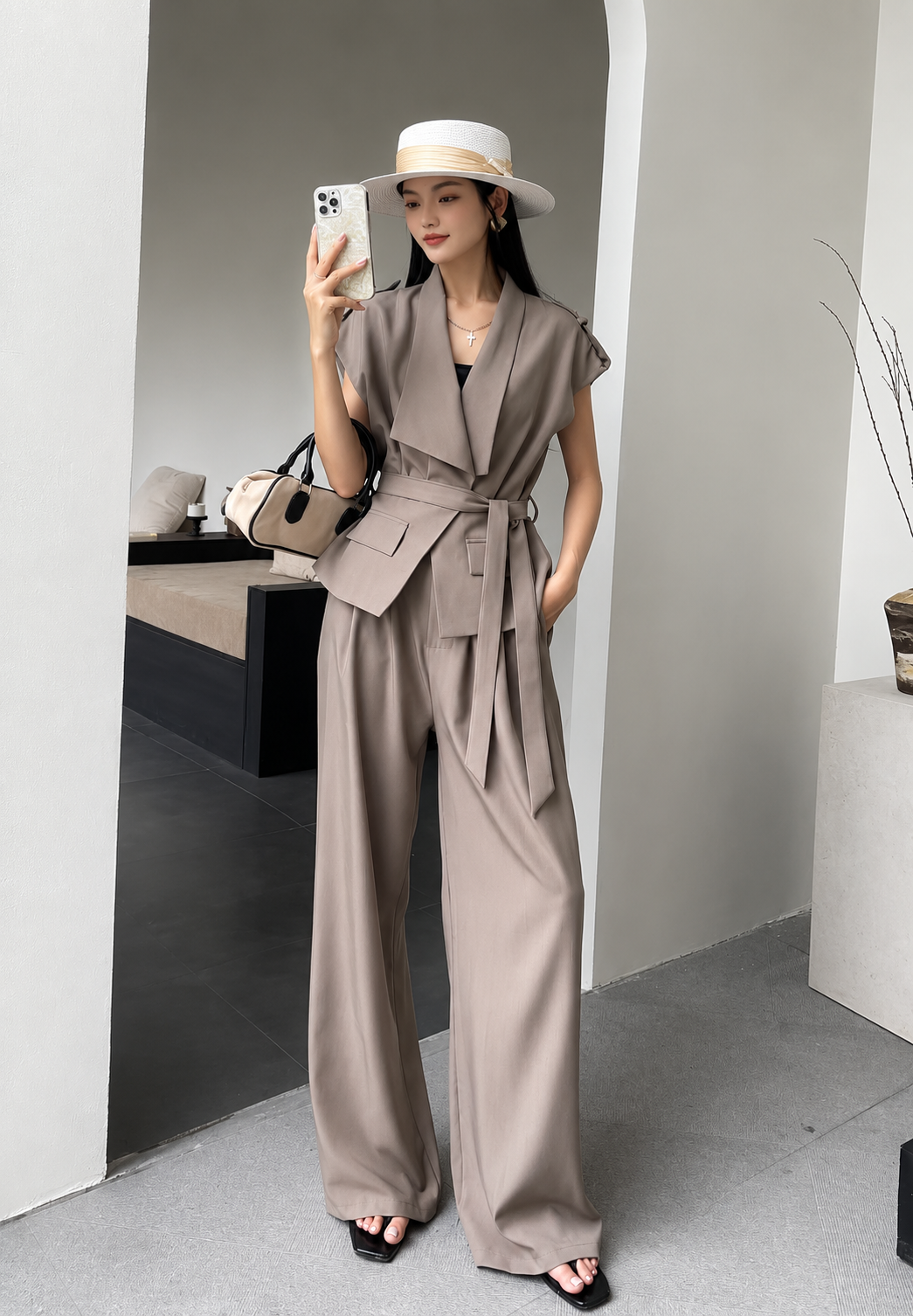 Belted Draped Vest and Wide-Leg Trousers Set