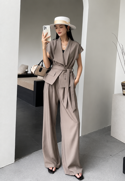 Belted Draped Vest and Wide-Leg Trousers Set