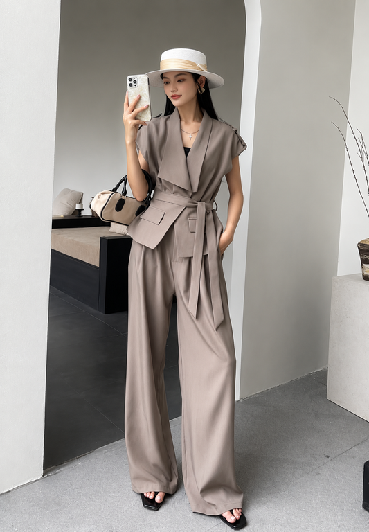 Belted Draped Vest and Wide-Leg Trousers Set