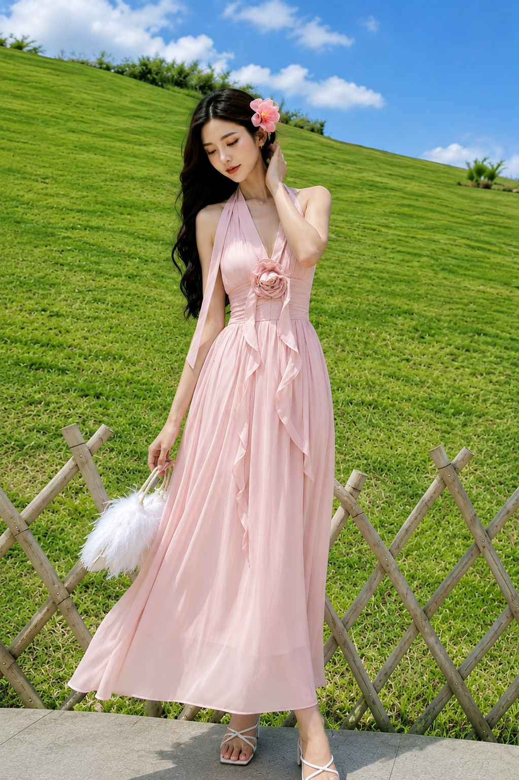 3D Rosette Halter Pleated Cotton Maxi Dress
