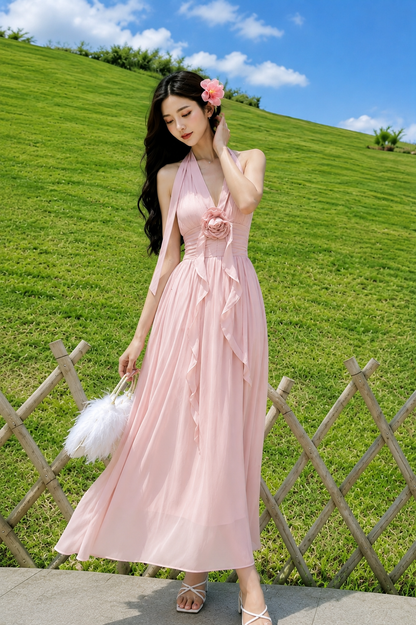 3D Rosette Halter Pleated Cotton Maxi Dress