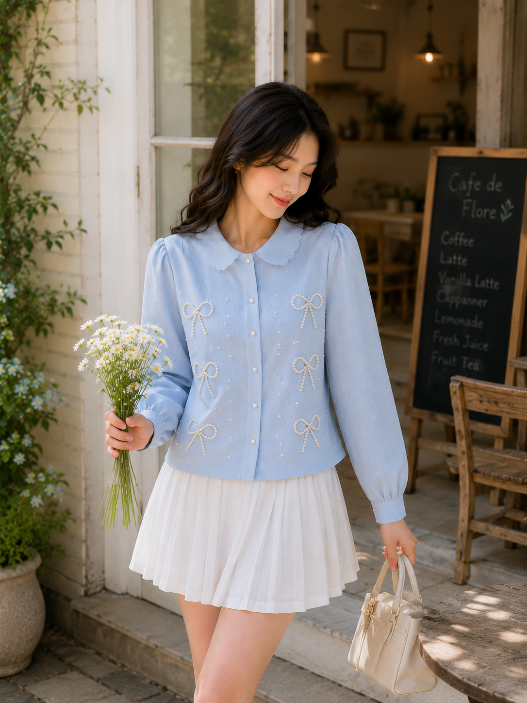 Pearl Bow Lace-Collar Shirt