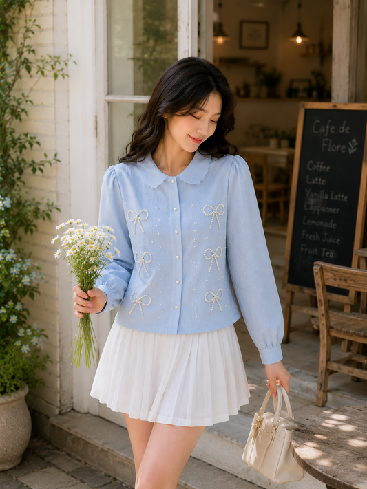 Pearl Bow Lace-Collar Shirt