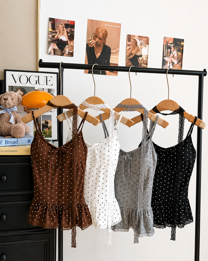 Polka Dot Lace-Trim Peplum Cami Padded Set with Choker