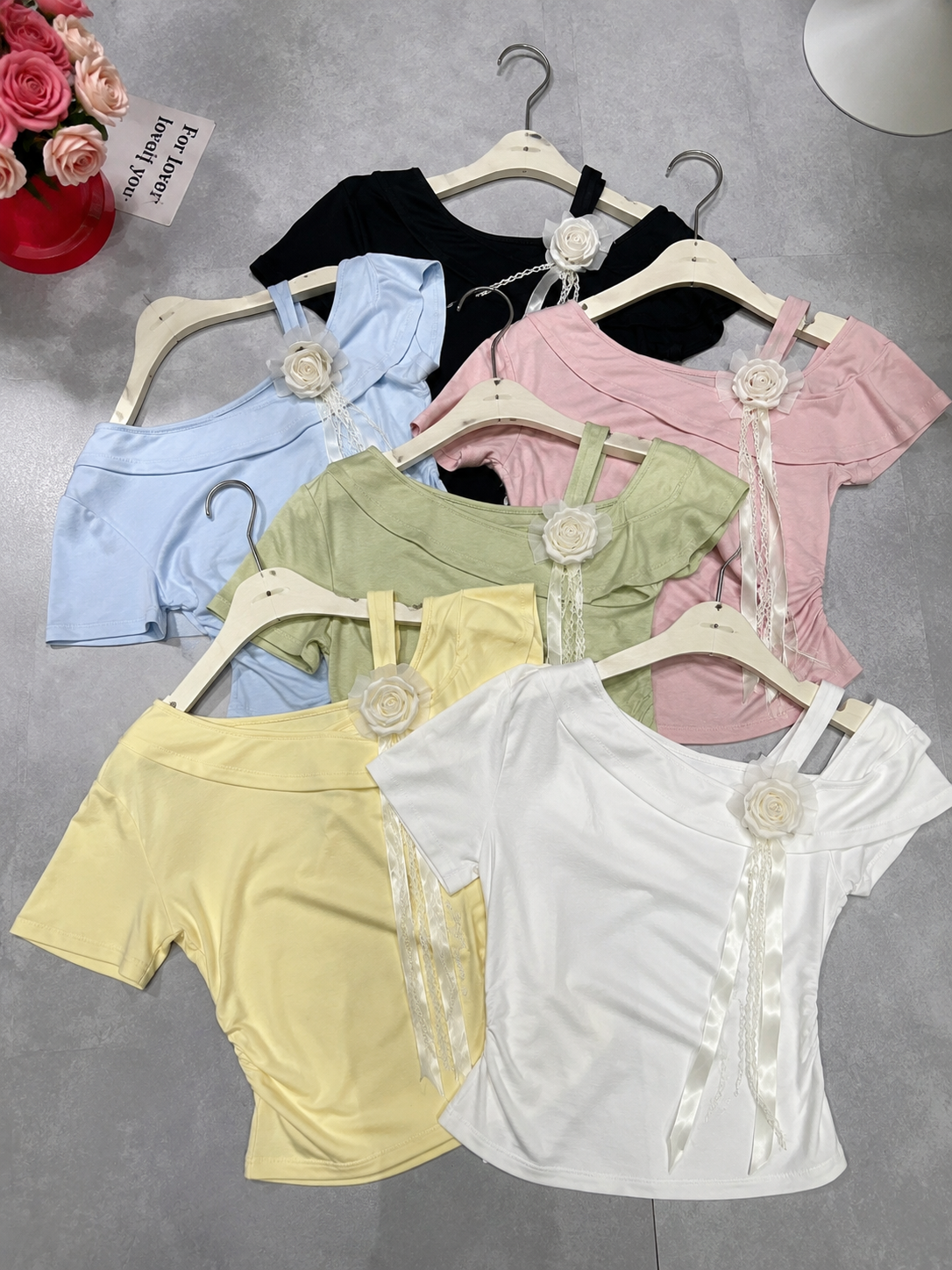 Floral Ribbon Accent Asymmetrical Off-Shoulder Tee