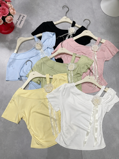 Floral Ribbon Accent Asymmetrical Off-Shoulder Tee