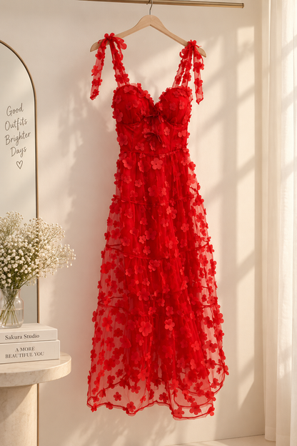 3D Floral Appliqué Tiered Tulle Maxi Dress