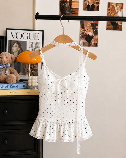 Polka Dot Lace-Trim Peplum Cami Padded Set with Choker