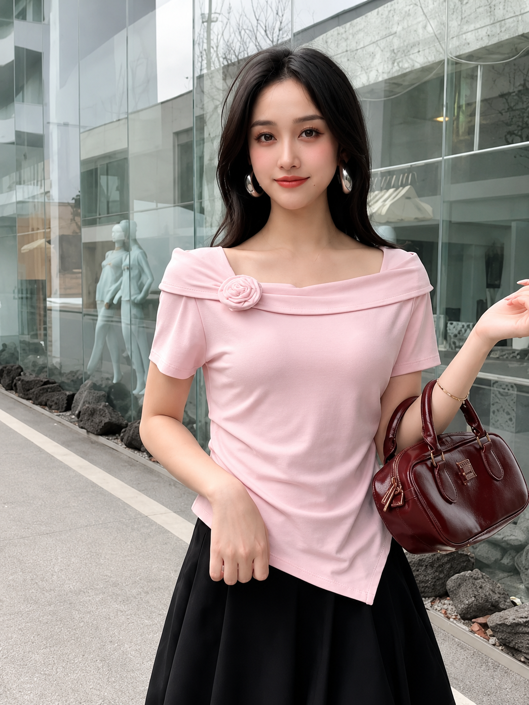 3D Rosette Detail Asymmetric Hem Top
