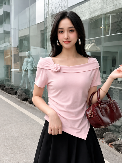 3D Rosette Detail Asymmetric Hem Top
