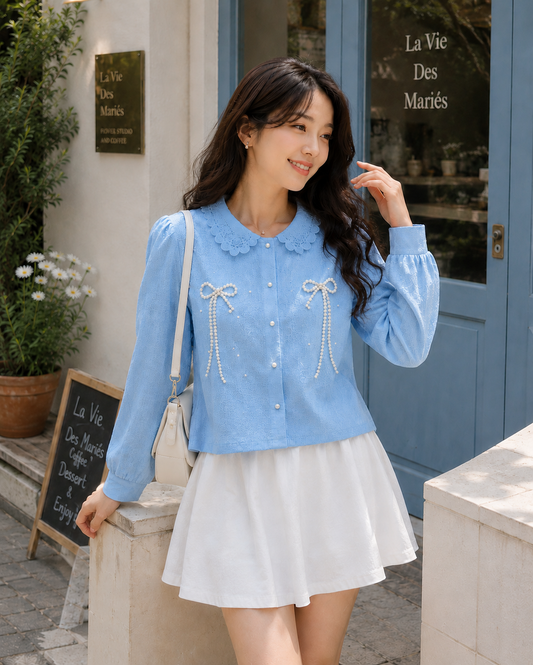 Pearl Bow Embroidered Lace-Collar Shirt