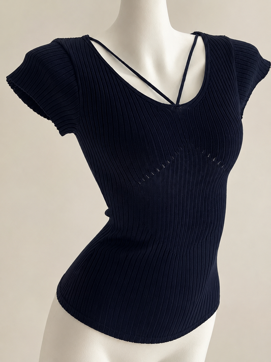 Faux Strappy Ribbed V-Neck Knit Tee