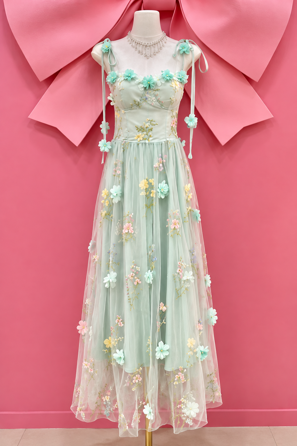 3D Floral Appliqué Embroidered Tulle Bustier Maxi Dress