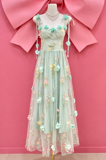 3D Floral Appliqué Embroidered Tulle Bustier Maxi Dress