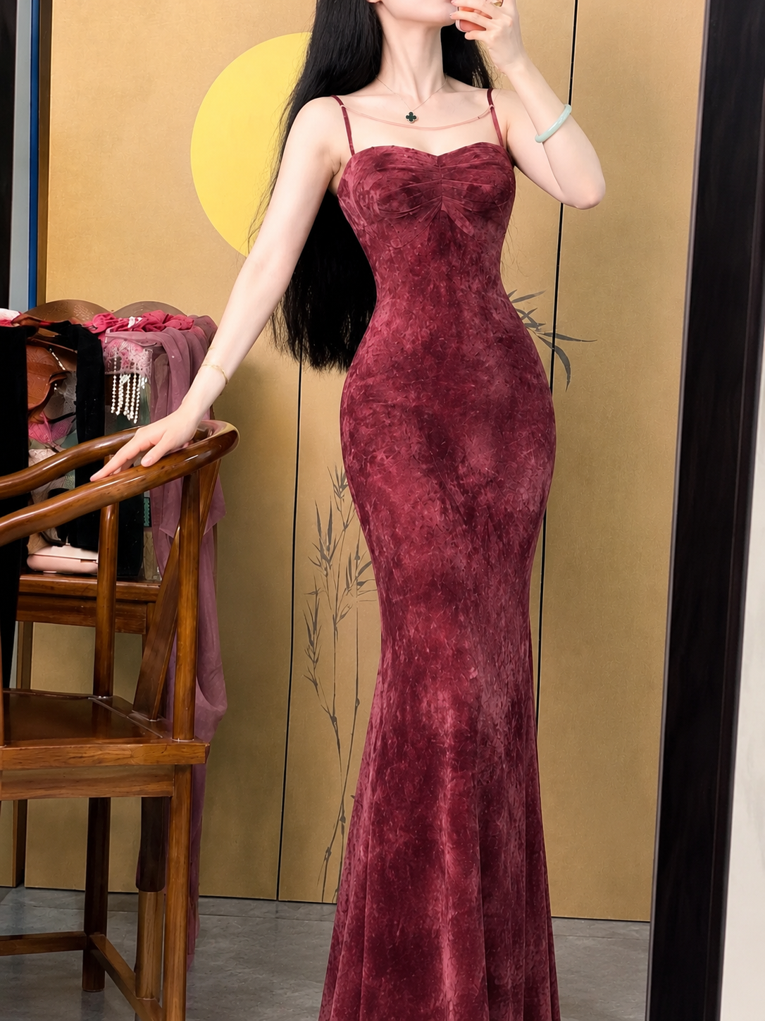 Velvet Bustier Ruched Mermaid Maxi Dress