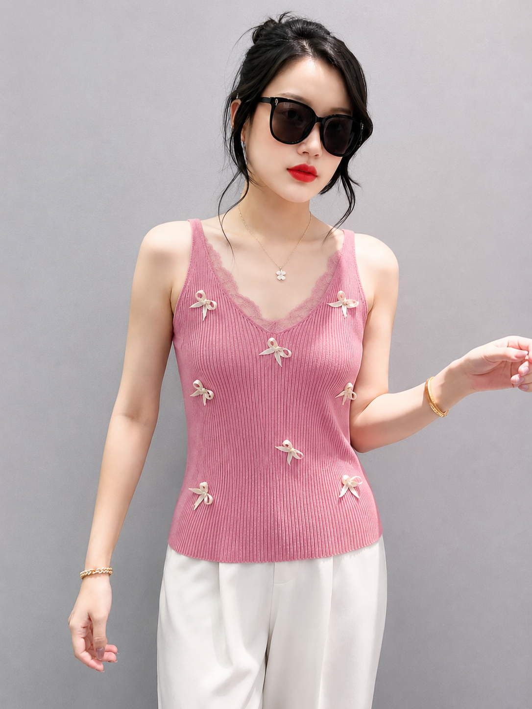 Multi-Bow Lace-Trim Ribbed Knit Cami