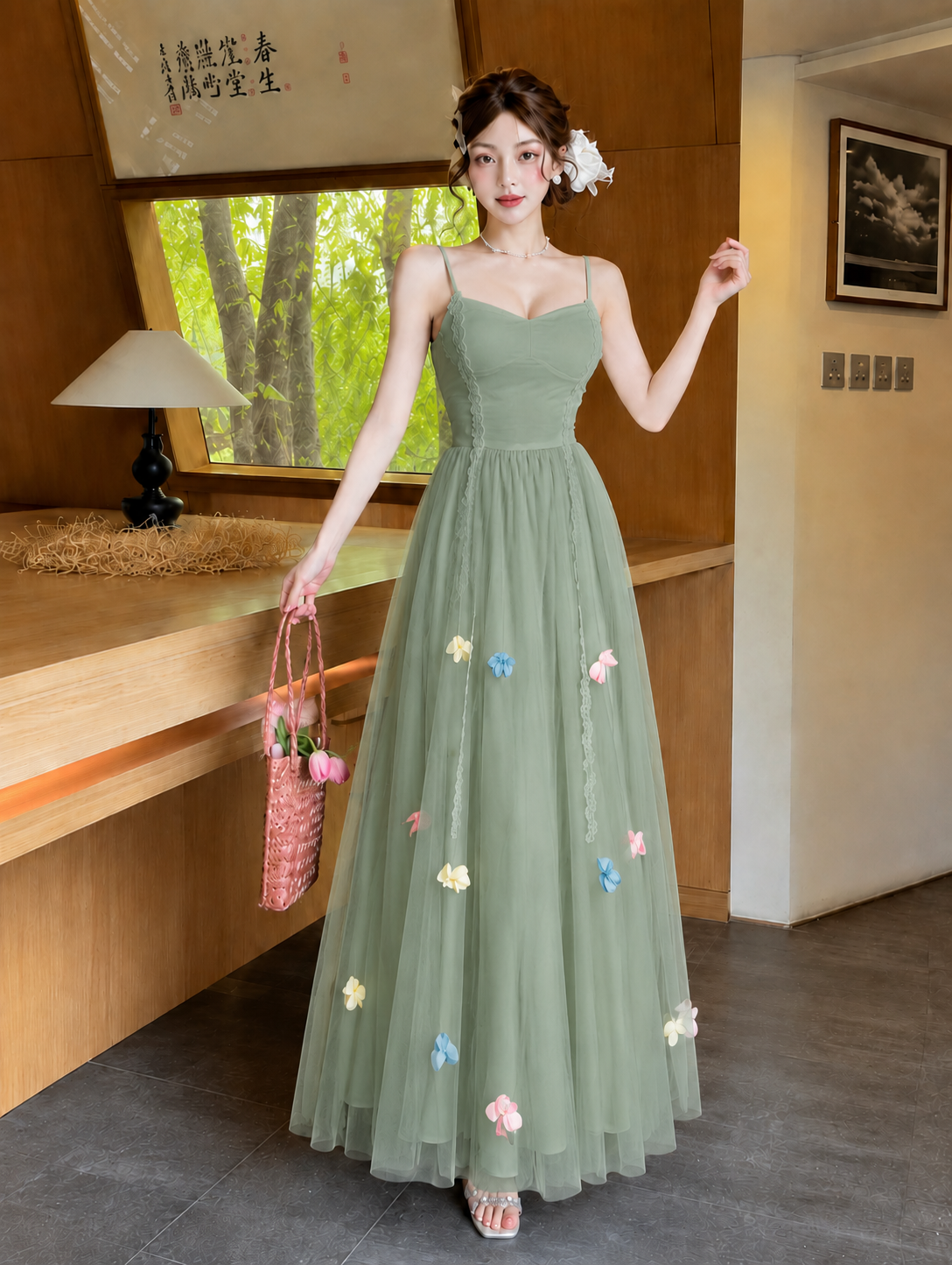 3D Floral Applique Mesh Halter Maxi Dress