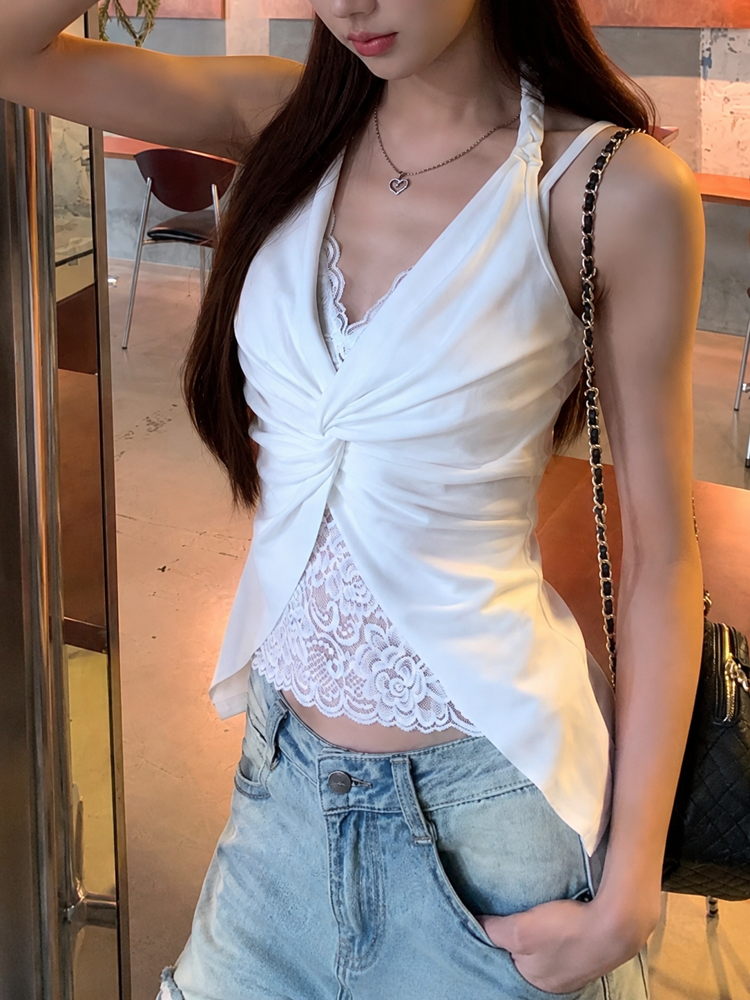 Twist-Front Lace-Panel Halter Top