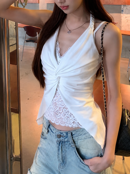 Twist-Front Lace-Panel Halter Top