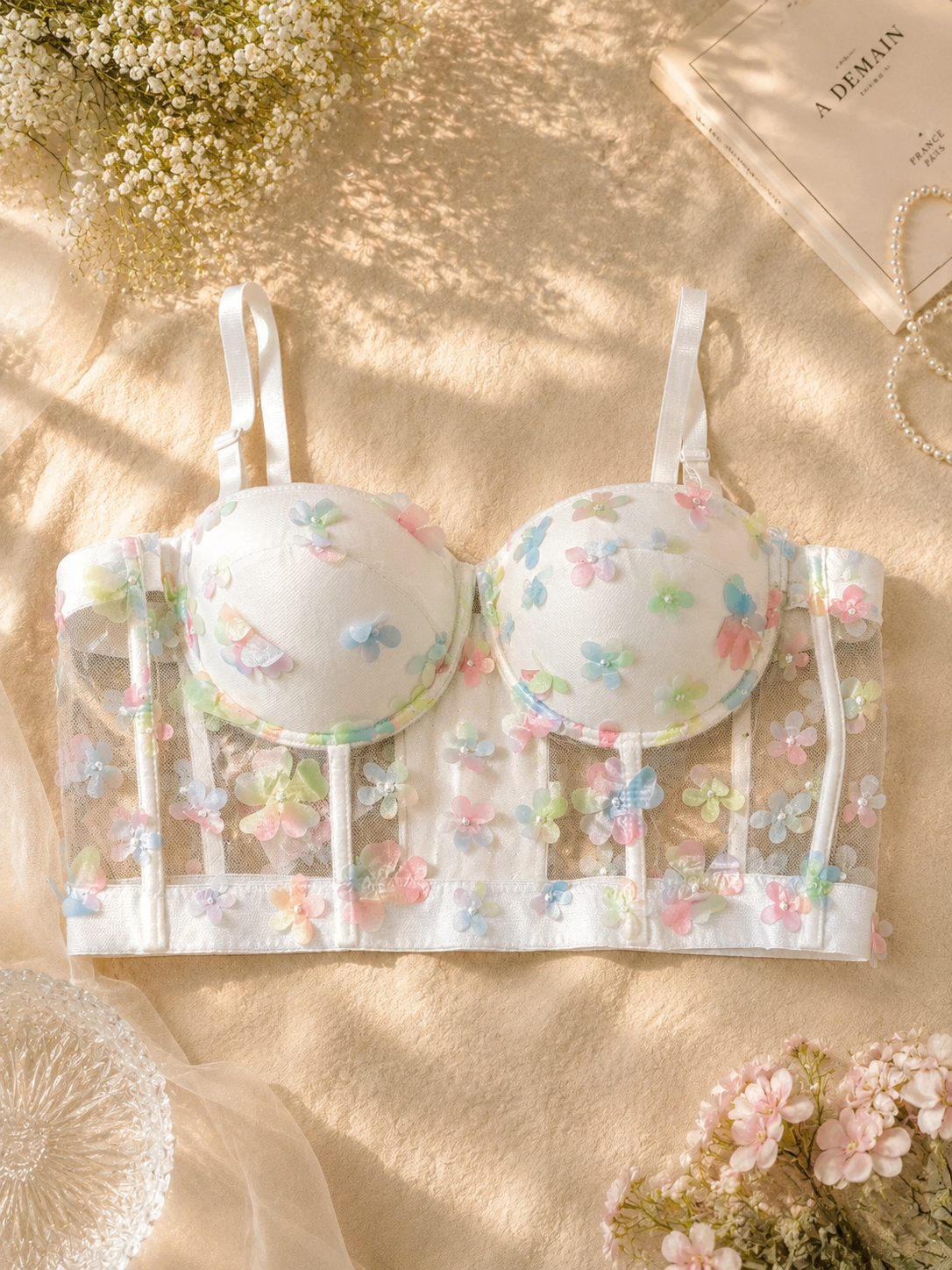 3D Floral Applique Mesh Corset Bustier Top