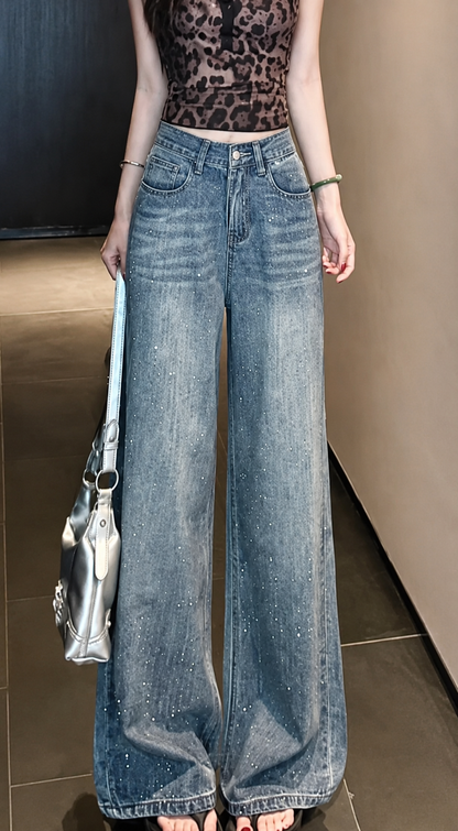 Rhinestone Embellished Wide-Leg Denim Jeans