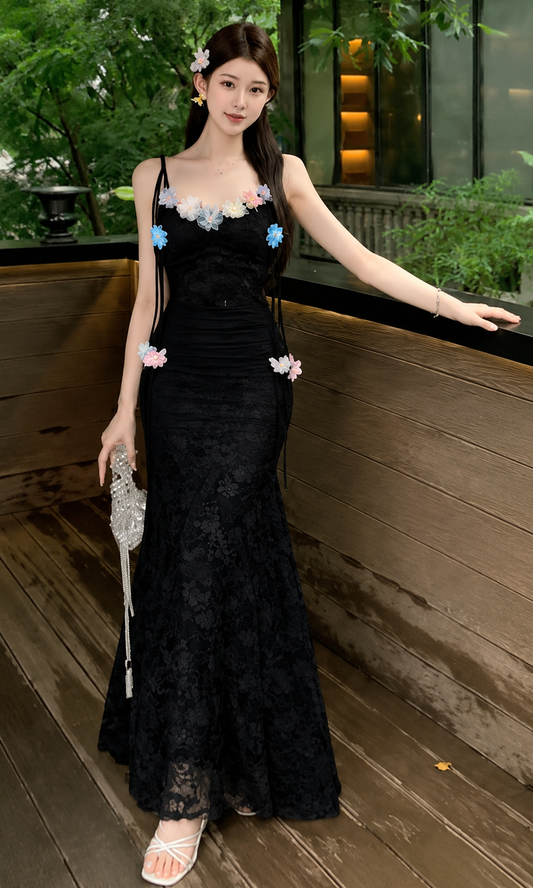 3D Floral Applique All-Over Lace Mermaid Maxi Dress