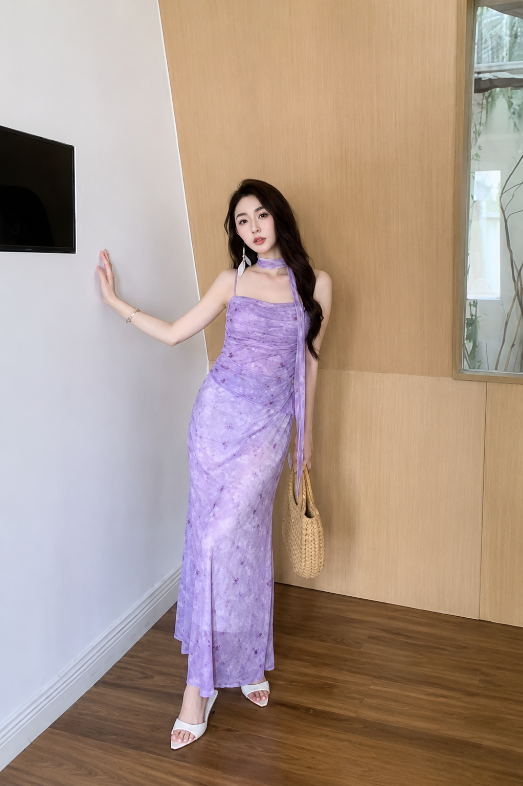 Ruched Chiffon Floral Maxi Dress with Skinny Neck Scarf
