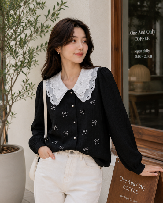Embroidered Bow Eyelet Peter Pan Collar Shirt