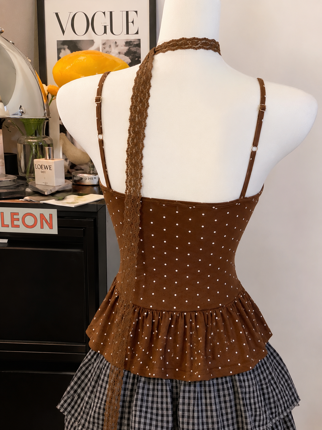 Polka Dot Lace-Trim Peplum Cami Padded Set with Choker