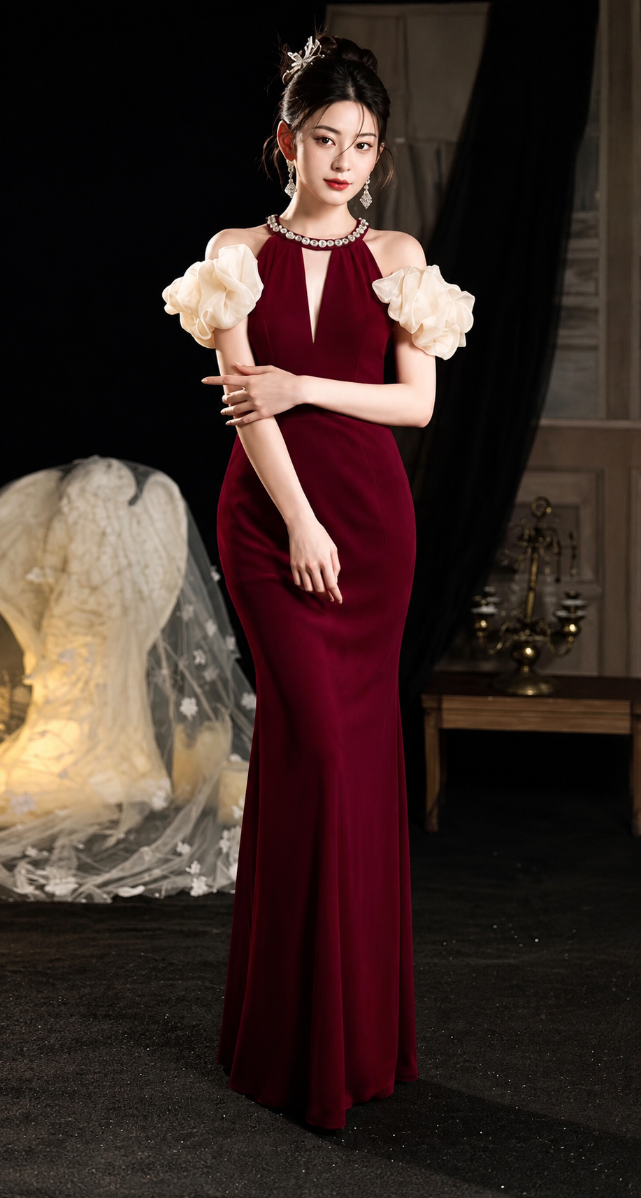 Rhinestone Halter Velvet Mermaid Gown with Organza Puff Cuffs