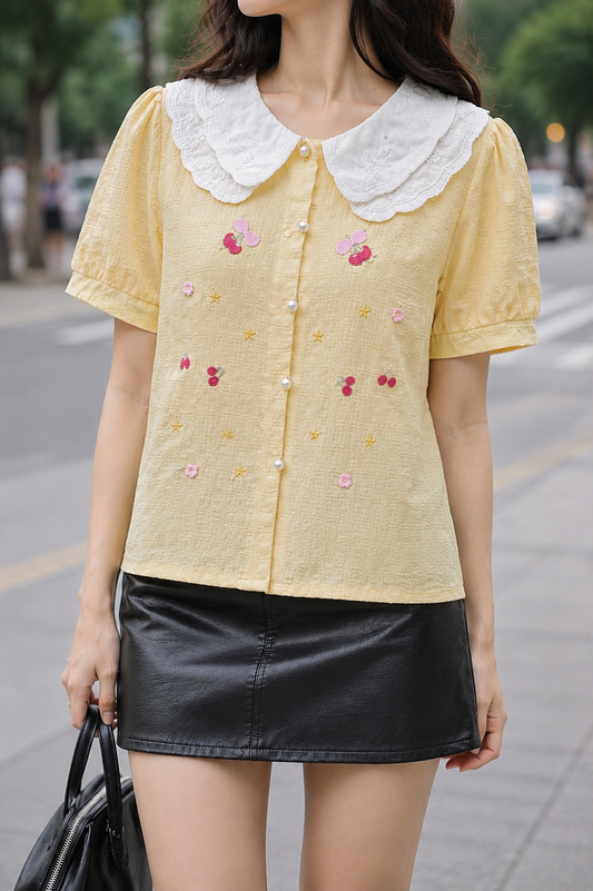 Cherry Embroidered Double Lace Collar