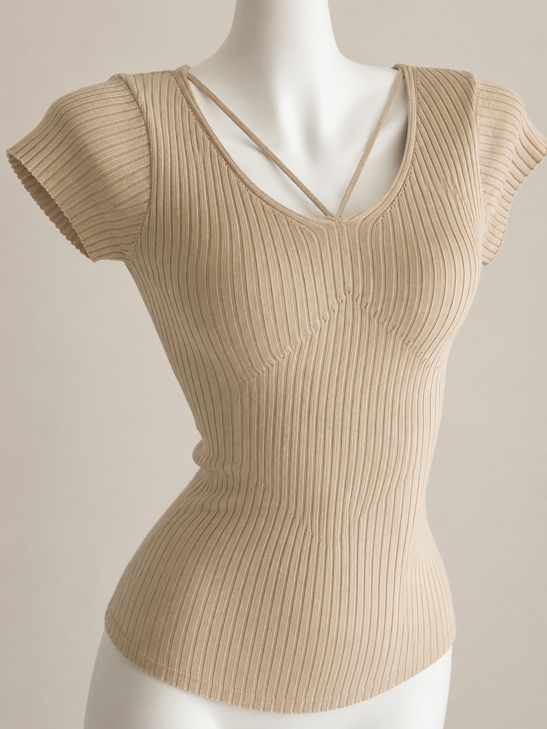Faux Strappy Ribbed V-Neck Knit Tee