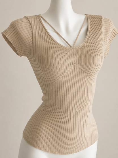 Faux Strappy Ribbed V-Neck Knit Tee