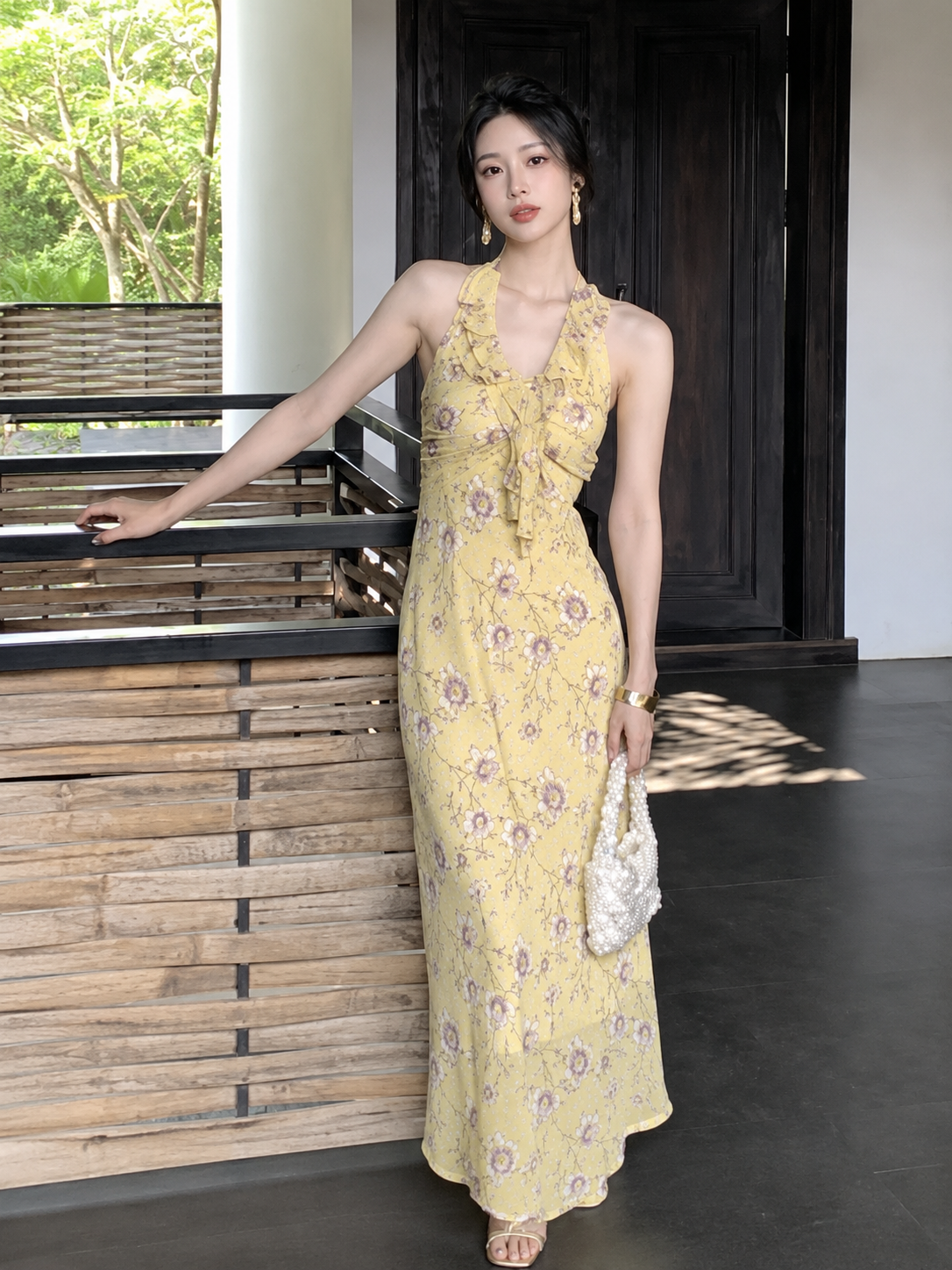 Ruffled Halter Neck Floral Chiffon Maxi Dress